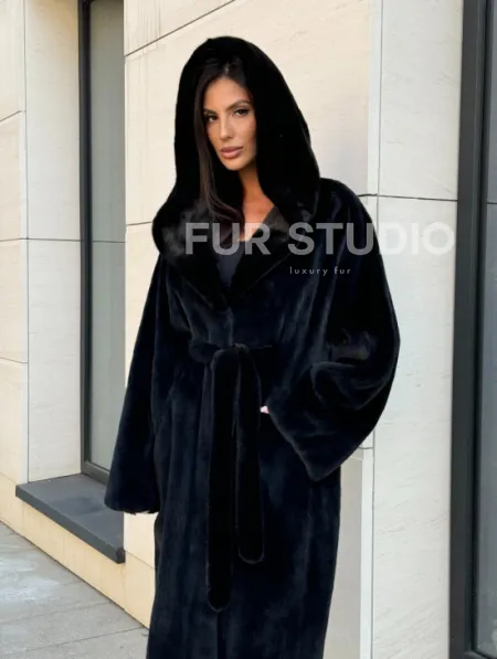 Норка кимоно BLACKGLAMA роспуск, капюшон кобра - фото 7