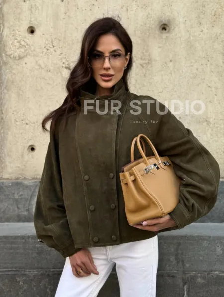 Женский замшевый блейзер - стойка воротник - фото 10