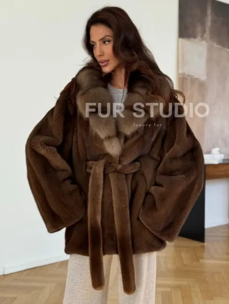 Норковый полушубок - цвет соболь - фото 6