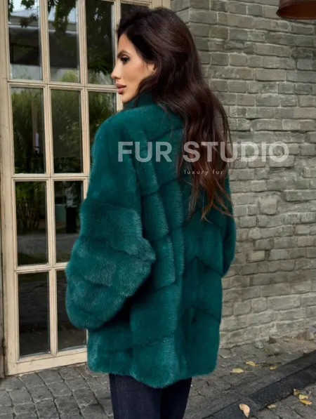 Полушубок норковый - цвет изумруд - фото 4