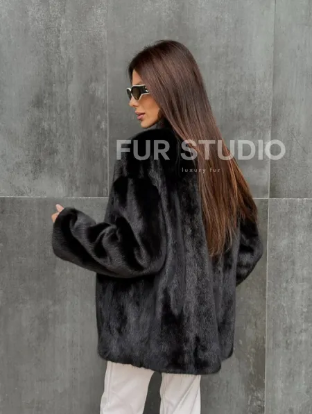 Черный норковый полушубок V-образный воротник - фото 8