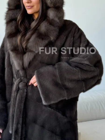 Длинная норковая шуба с капюшоном - графит - фото 2