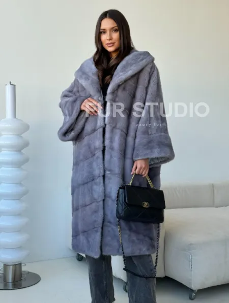 Голубая норковая шуба с капюшоном oversize - фото 9