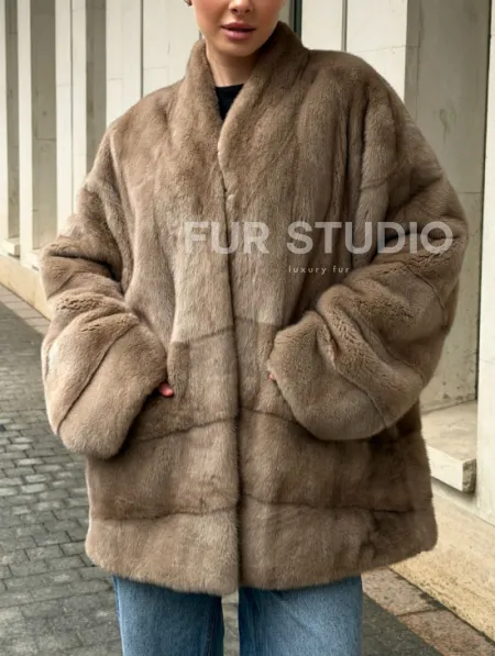 Норковый полушубок пастель V-образный воротник - фото 3