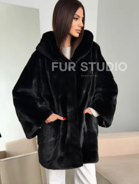 Норка шуба BLACKGLAMA паркет кимоно с капюшоном - фото 3
