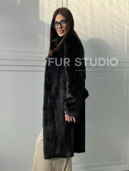 Черная норковая шуба - воротник стойка - фото 8