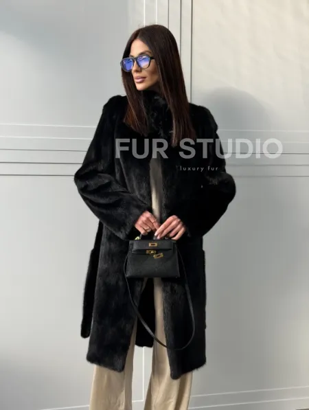 Черная норковая шуба - воротник стойка - фото 13