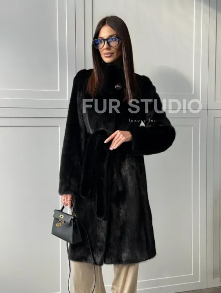 Черная норковая шуба - воротник стойка - фото 15