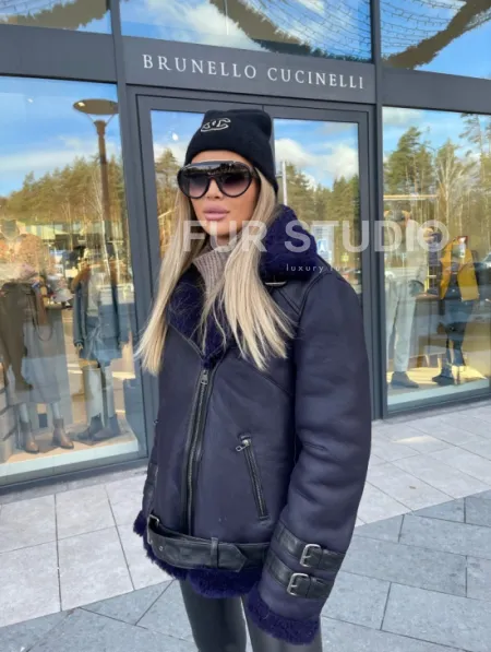 Авиатор из натуральной овчины в синем цвете - фото 1