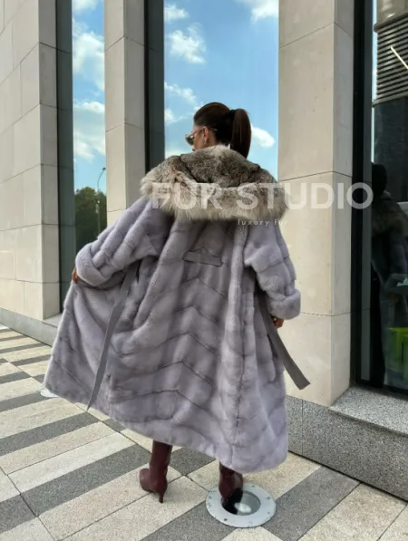 норковая шуба с капюшоном из меха рыси цвет серый сапфир - фото 6