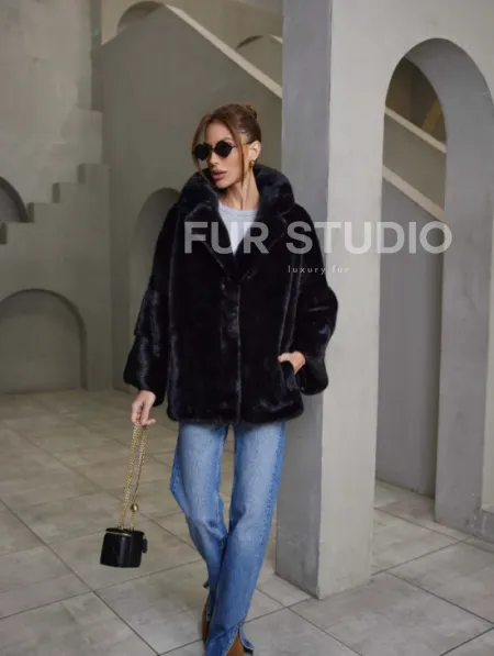 Норковый жакет роспуск - английский воротник -черный - фото 4