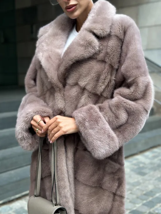 Шуба из меха норки с английским воротником - цвет пыльная роза - фото 1