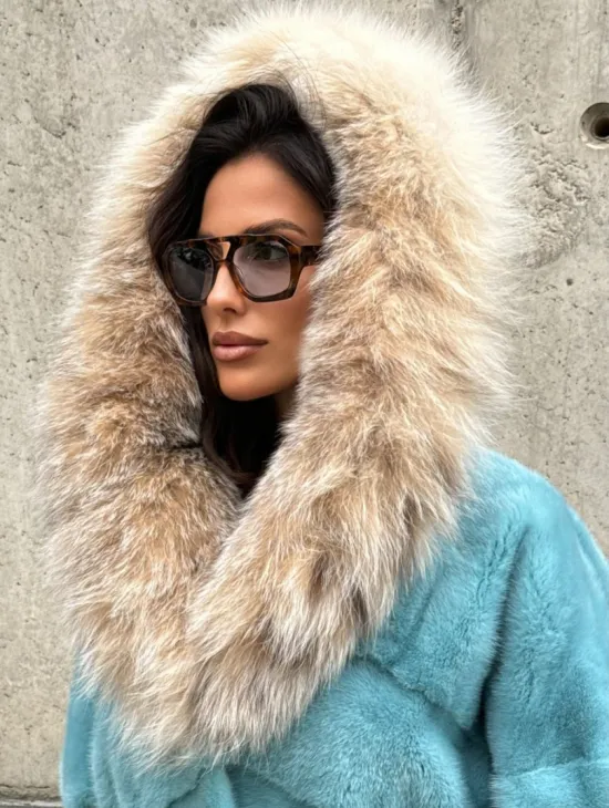 Шуба автоледи из норки с капюшоном из меха рыси - цвет Tiffany - фото 3