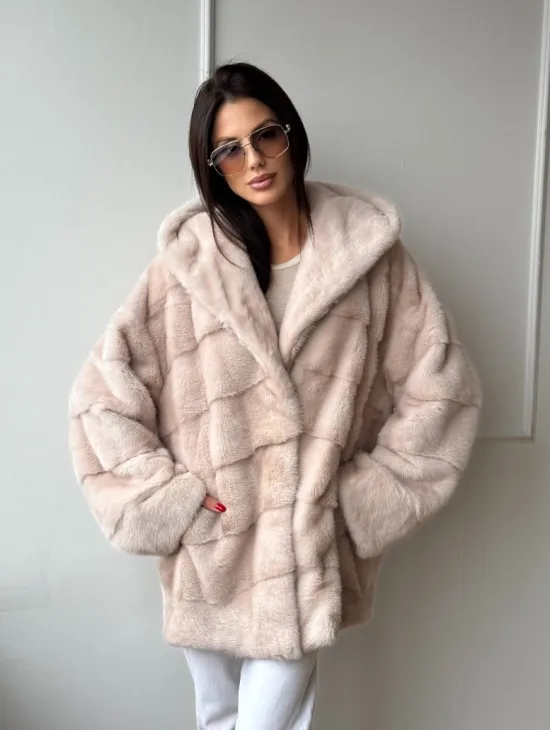 Зимняя норковая шуба цвет пудра с капюшоном - фото 6