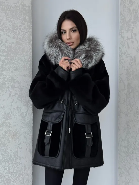 Дубленка женская из овчины на кулиске, капюшон - отделка из чернобурки - фото 5