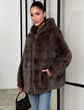 Норковый полушубок с капюшоном на молнии - фото 0