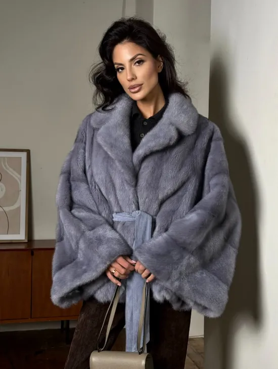 Короткая норковая шуба в стиле оверсайз с английским воротником - фото 0