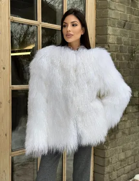 Шуба белая из меха ламы без воротника - фото 0