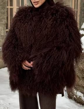 Шуба коричневая из меха ламы - фото 1