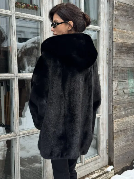 Черная зимняя шуба из меха норки Nafa mink с капюшоном - автоледи - фото 6