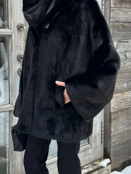 Черная зимняя шуба из меха норки Nafa mink с капюшоном - автоледи - фото 2