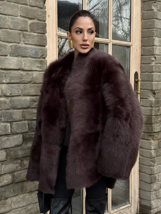 Двухсторонняя женская дубленка из итальянской тосканы Brown - фото 4