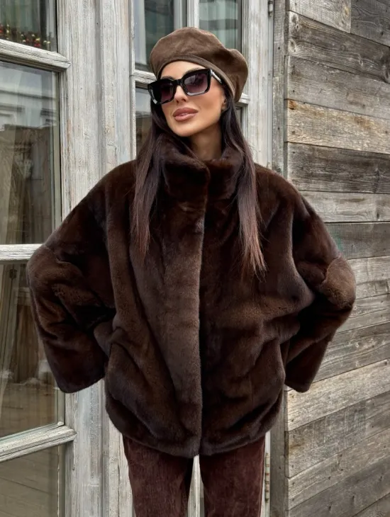 Норковый полушубок из меха аукционной норки, стойка воротник - фото 5