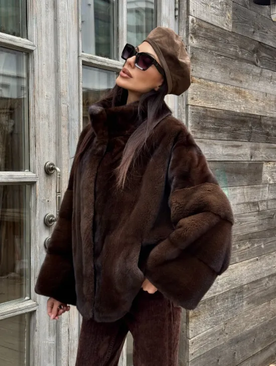 Норковый полушубок из меха аукционной норки, стойка воротник - фото 6