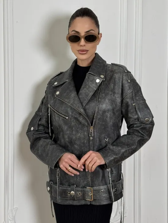 Косуха женская из натуральной кожи Vintage со шнуровкой - цвет серый - фото 0