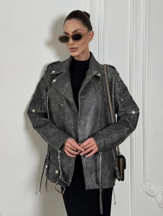 Косуха женская из натуральной кожи Vintage со шнуровкой - цвет серый - фото 8