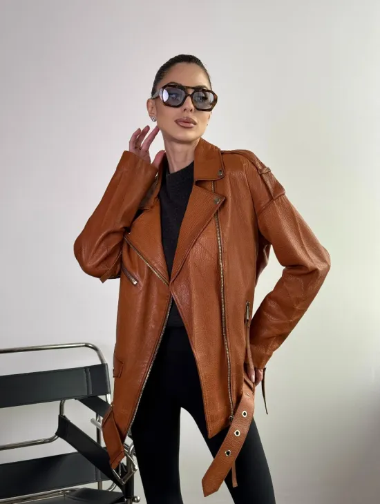 Удлиненная косуха «Прямой Оверсайз» из натуральной кожи whiskey - фото 8