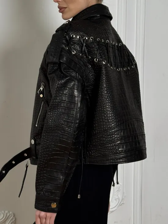 Укороченная куртка из натуральной кожи «CROCO» BLACK со шнуровкой на спине - фото 1