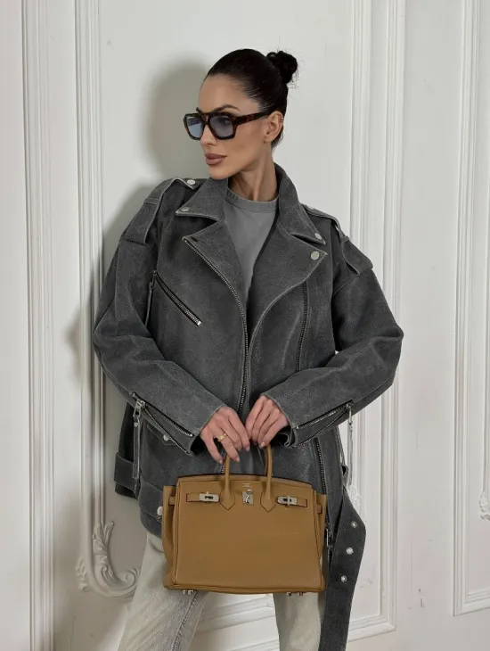 Винтажная кожаная косуха оверсайз - серый графит - фото 6