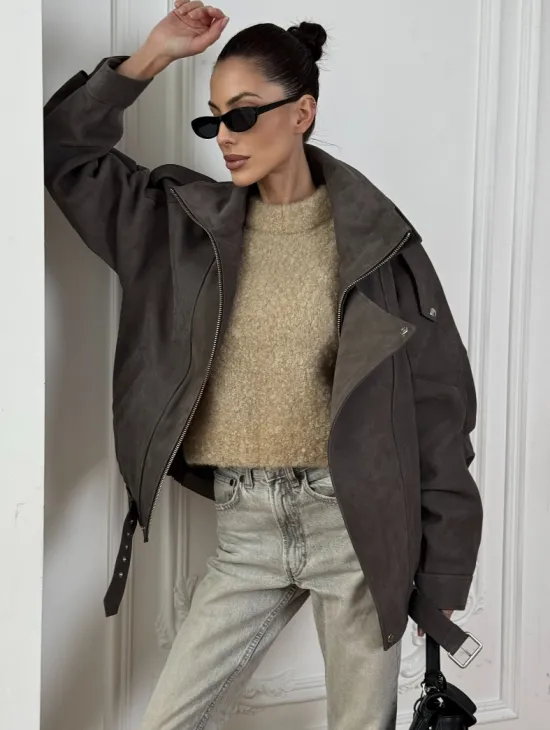 Современная куртка - бомбер из винтажной кожи Gray с двойным воротником - фото 0