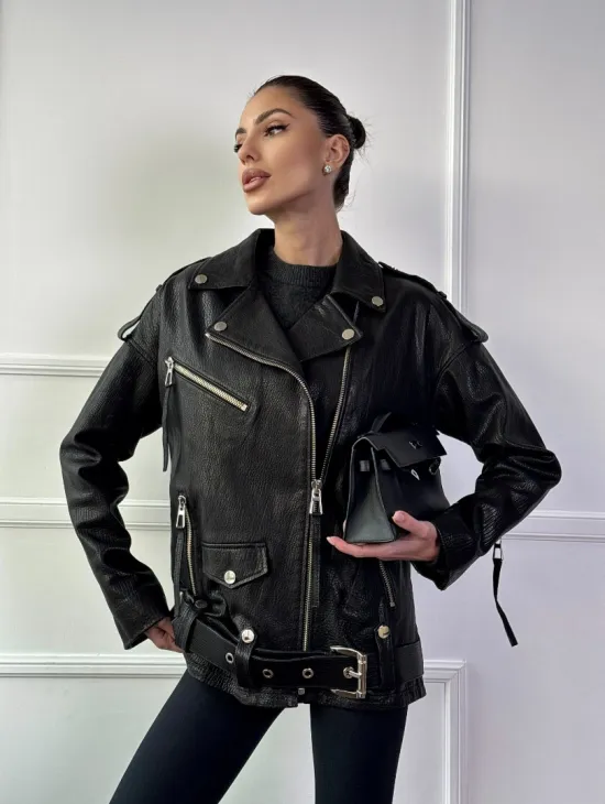 Классическая женская байкерская куртка - косуха из натуральной черной кожи Jumbo - фото 10