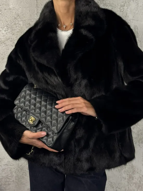 Черный норковый кроп - жакет с английским воротником - фото 2