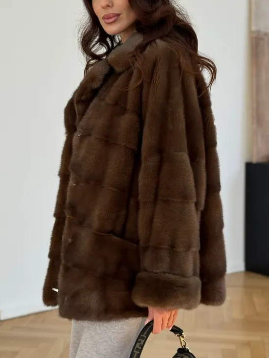 Шуба-кокон из норки с английским воротником и манжетом - фото 4