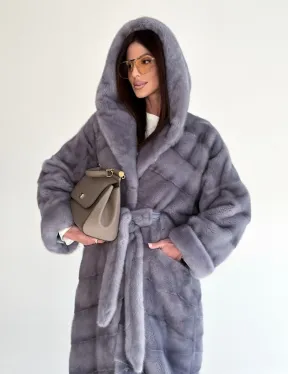 Удлиненная норковая шуба - кимоно с капюшоном - фото 16