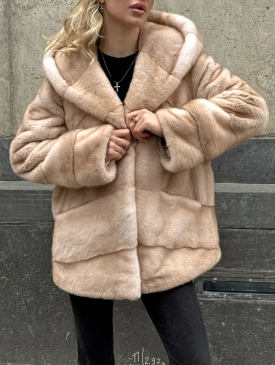 Женский норковый полушубок Premium fur с капюшоном 