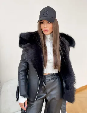 Стильная дубленка с капюшоном из овчины тоскана - фото 0