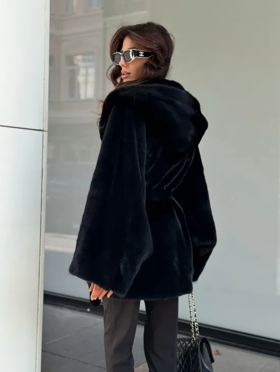 Пончо из норки с капюшоном кобра - черно-синий - фото 4