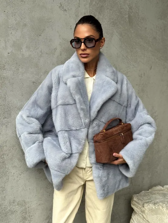 Шуба норковая кимоно автоледи - цвет голубой - фото 11