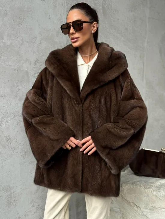 Норковый полушубок с капюшоном - цвет коричневый - фото 0