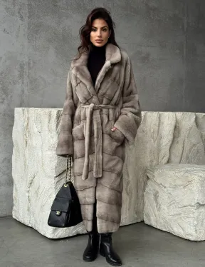 Удлинённая норковая шуба с поясом - фото 7