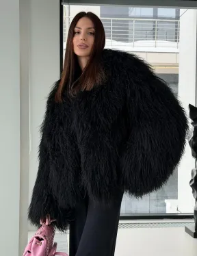 Полушубок черный из ламы - фото 6