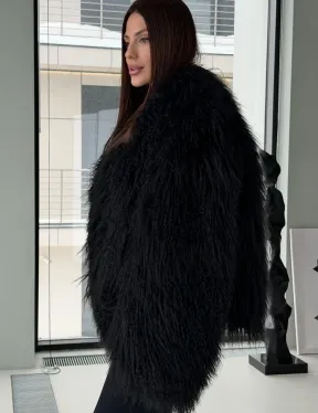 Полушубок черный из ламы - фото 2