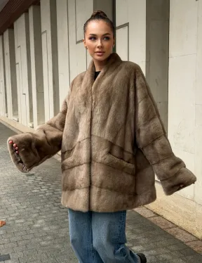 Норковый полушубок пастель V-образный воротник - фото 9