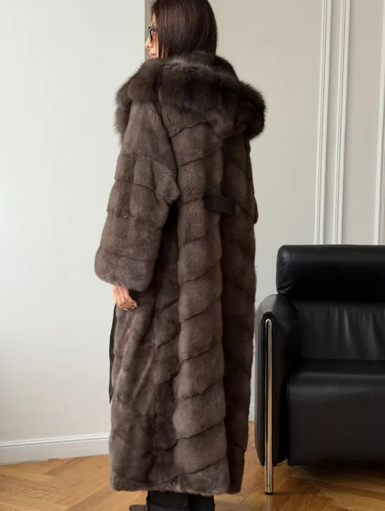 Шуба-кимоно с капюшоном куница - фото 1