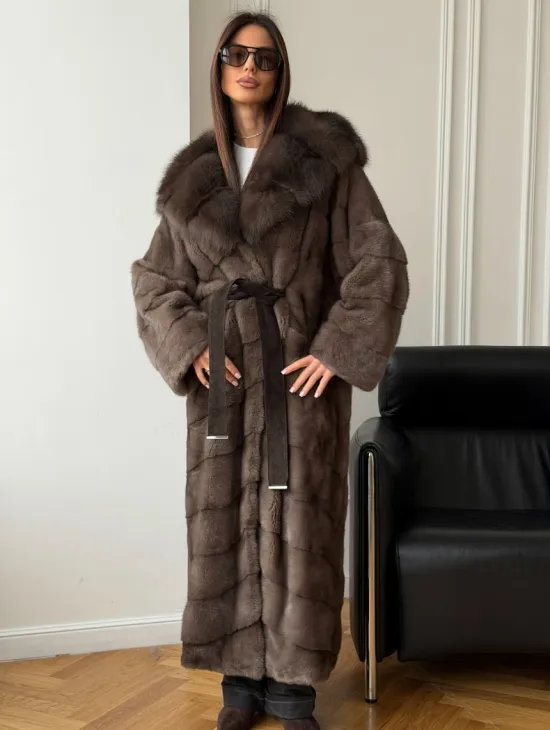 Шуба-кимоно с капюшоном куница - фото 4