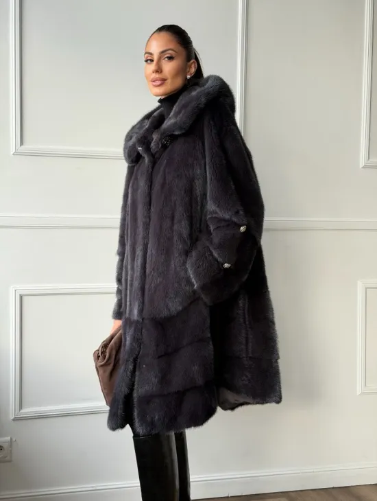 Норковая шуба с капюшоном - графит - фото 10